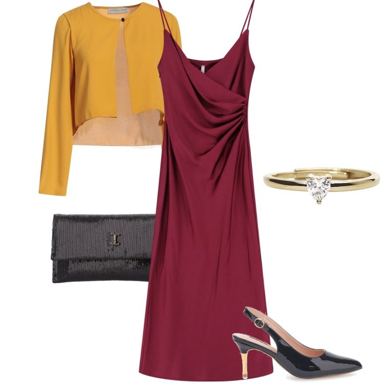 Outfit donna - Bordeaux con senape. Stile Sexy per Serata fuori. Abbinamento con blazer, anelli, borse a tracolla, vestiti midi/longuette, décolleté.