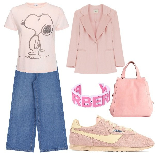 Outfit donna - snoopy. Stile Urban per Tutti i giorni. Abbinamento con borse a mano, blazer, jeans, t-shirt, sneakers, braccialetti.