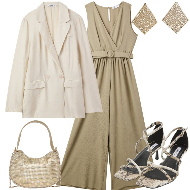 Outfit donna - Piccolo budget grande effetto. Stile Glamour per Cerimonia. Abbinamento con tute, blazer, sandali col tacco, borse a spalla, orecchini.