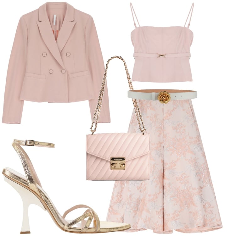 Outfit donna - Cerimonia. Stile Romantica per Cerimonia. Abbinamento con borse a spalla, cinture, top, gonne, blazer, sandali col tacco.