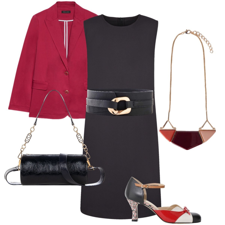Outfit donna - Semplice ma elegante. Stile Bon Ton per Serata fuori. Abbinamento con cinture, borse a mano, décolleté, vestiti lunghi, blazer, ciondoli.