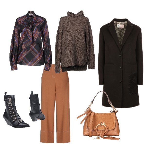 Outfit donna - Urban style. Stile Urban per Tutti i giorni. Abbinamento con blusa con fiocco fantasia a maniche lunghe, maglioncino lavorato a maglia collo a dolcevita a maniche lunghe taglia media tinta unita, stivaletti con cubano e fibbia a punta tinta unita, borse a spalla, pantalone in raso, cappotto a bottone con pieghe nero.