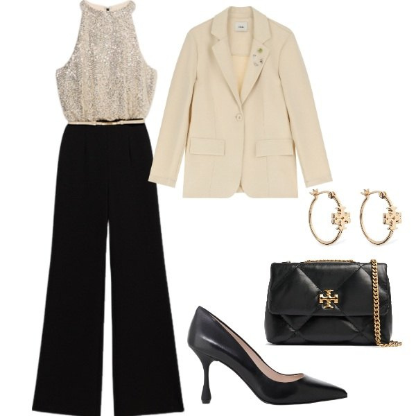 Outfit donna - la tuta di sera. Stile Chic per Serata fuori. Abbinamento con décolleté, blazer, tute, borse a spalla, orecchini.
