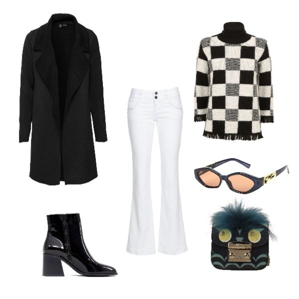 Outfit donna - Trendy And The City. Stile Trendy per Tutti i giorni. Abbinamento con cappotto in in maglia nero e corda, occhiali da sole lenti colorate in montatura in metallo, borsa a mano con borchie e logo frontale blu, pantalone bianco, maglione a quadri con frange collo alto con polsini nero e grigio, stivaletti con tacco largo.