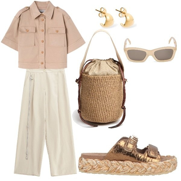Outfit donna - normalmente. Stile Basic per Tutti i giorni. Abbinamento con espadrillas, pantaloni, borse a mano, occhiali da sole, orecchini, camicie a manica corta.