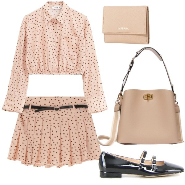 Outfit donna - Pranzo della festa della mamma. Stile Trendy per Tutti i giorni. Abbinamento con minigonne, camicie, portafogli, borse a secchiello, ballerine.