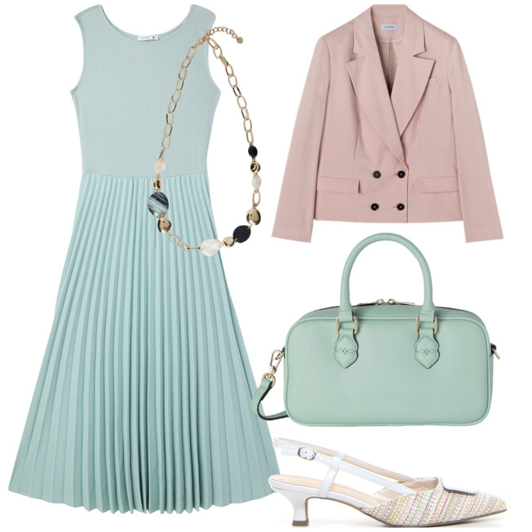 Outfit donna - Pranzo della festa della mamma. Stile Romantica per Cerimonia. Abbinamento con vestiti lunghi, décolleté, collane, borse a mano, blazer.