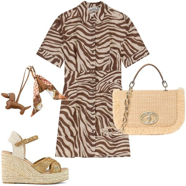 Outfit donna - Giungla cittadina. Stile Trendy per Tutti i giorni. Abbinamento con vestiti corti, portachiavi, zeppe, borse a tracolla.