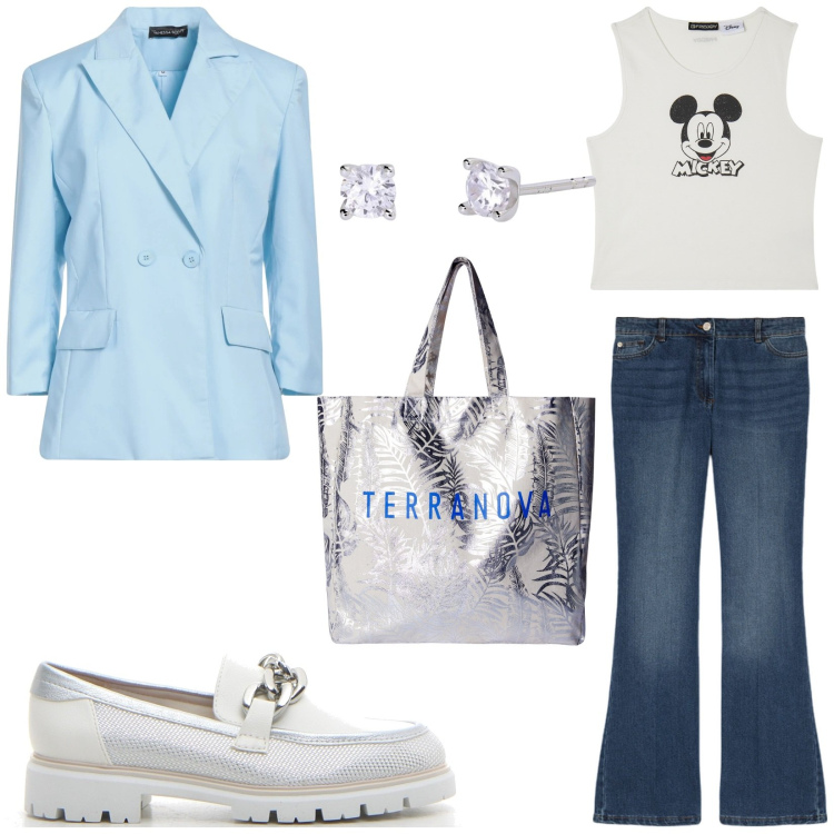 Outfit donna - City. Stile Basic per Tutti i giorni. Abbinamento con blazer, borse tote, orecchini, canottiere, mocassini, jeans.