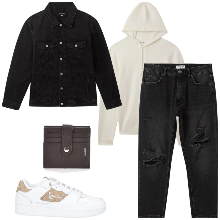 Outfit uomo - Giacca leggera. Stile Casual per Tutti i giorni. Abbinamento con sneakers, giacche, jeans strappati, maglieria, portafogli.