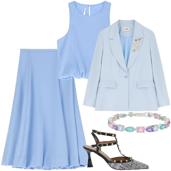 Outfit donna - Color cielo. Stile Bon Ton per Ufficio. Abbinamento con braccialetti, gonne longuette, top, décolleté, blazer.