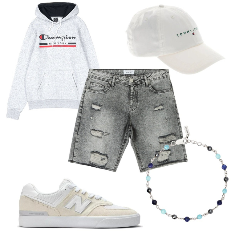 Outfit uomo - Total look #2127745. Stile Urban per Tutti i giorni. Abbinamento con shorts, braccialetti, sneakers, felpe con cappuccio, cappelli.