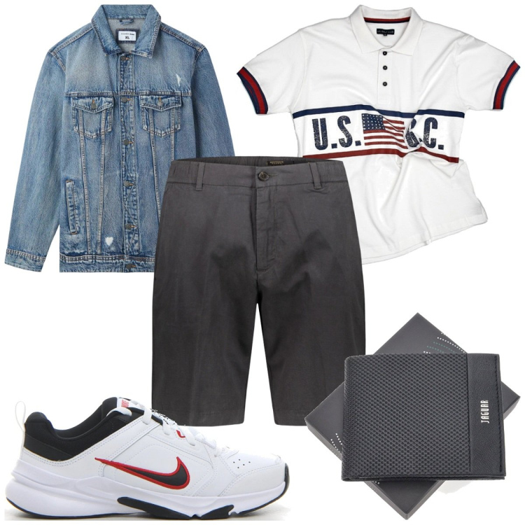 Outfit uomo - Total look #2127746. Stile Trendy per Tutti i giorni. Abbinamento con giacche, polo, bermuda, portafogli, sneakers.