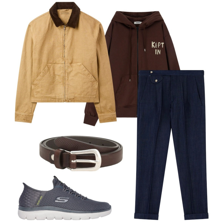 Outfit uomo - Giacca leggera. Stile Urban per Tutti i giorni. Abbinamento con cappotti, cinture, jeans, felpe con cappuccio, sneakers.