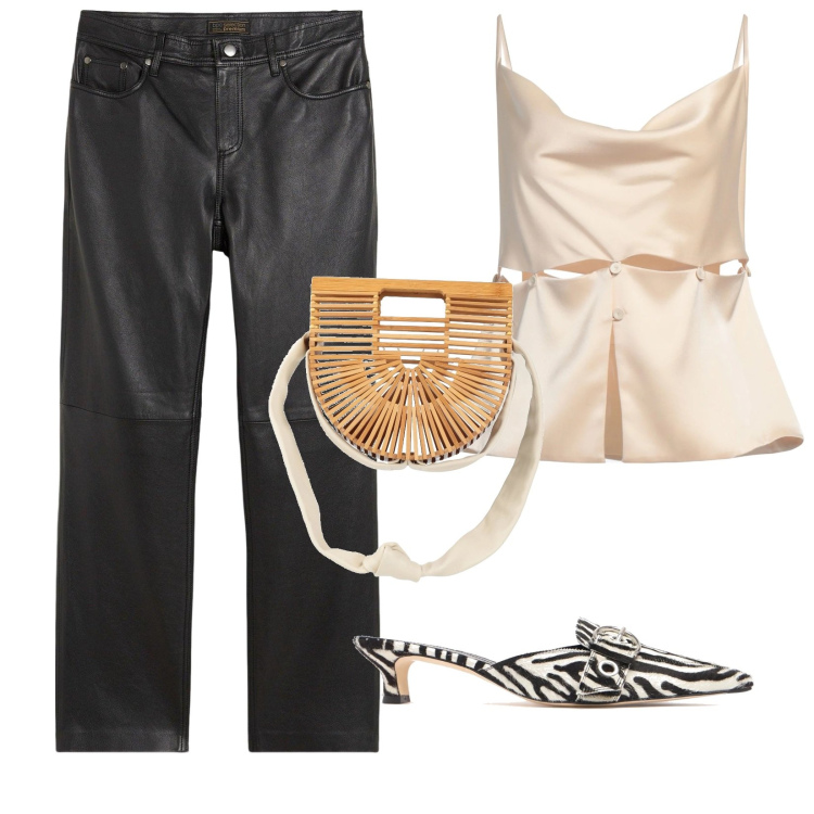 Outfit donna - top applicazione removibile. Stile Casual chic per Serata fuori. Abbinamento con pantaloni, top, borse a mano, pantofole.