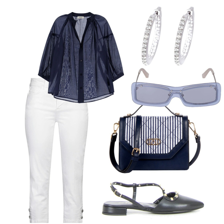 Outfit donna - Skinny bianco. Stile Casual chic per Tutti i giorni. Abbinamento con jeans dritti, borse a mano, orecchini, camicie, occhiali da sole, sandali in pelle.