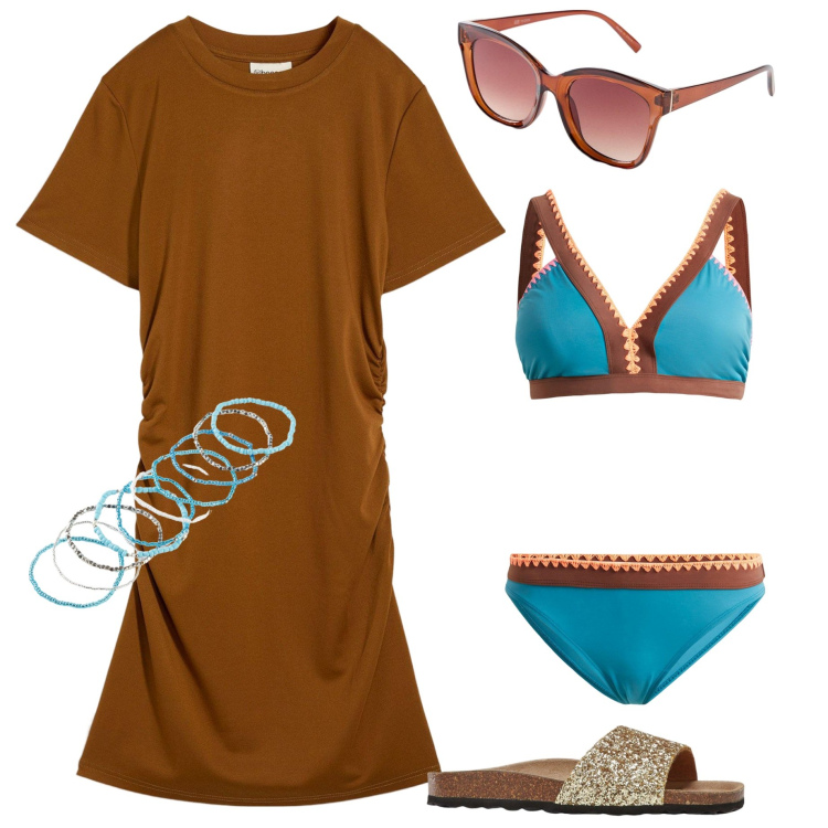 Outfit donna - Costumi Bonprix. Stile Casual per Mare. Abbinamento con bikini, ciabatte, vestiti, occhiali da sole, braccialetti.