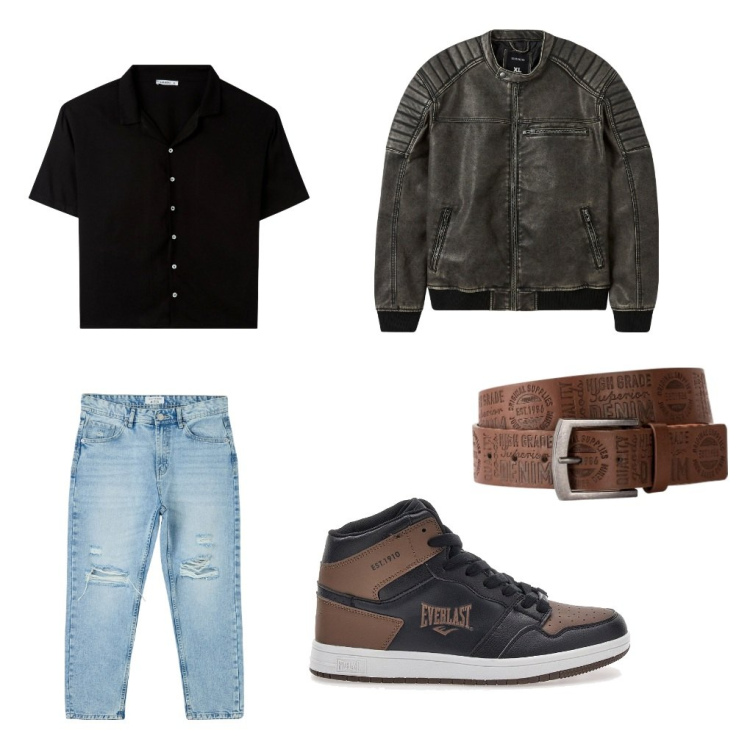 Outfit uomo - Rock on the road. Stile Biker Rock per Tutti i giorni. Abbinamento con cinture, jeans strappati, camicie a manica corta, giacche, sneakers.