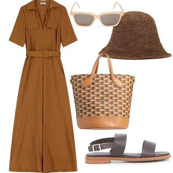 Outfit donna - sotto il sole. Stile Casual per Tutti i giorni. Abbinamento con borse a secchiello, tute, occhiali da sole, cappelli, sandali.