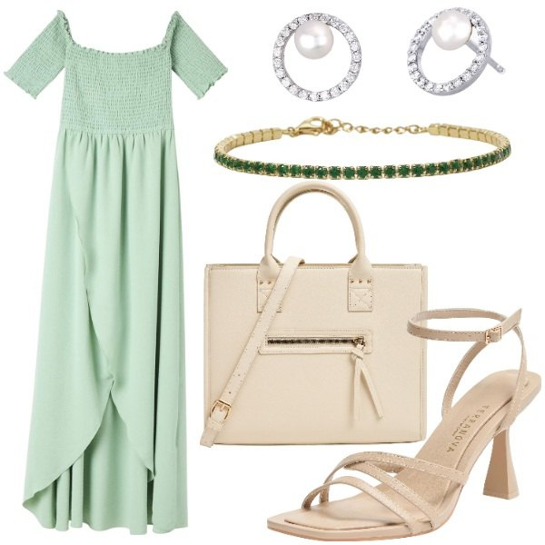 Outfit donna - Terranova - Occasioni Speciali. Stile Glamour per Cerimonia. Abbinamento con vestiti lunghi, sandali col tacco, shopping bag, orecchini, braccialetti.