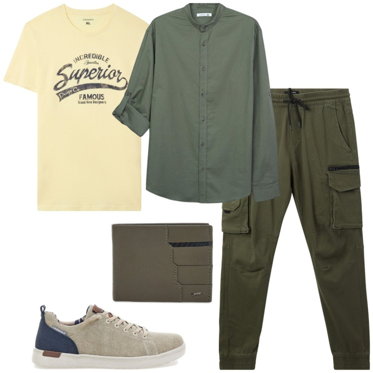 Outfit uomo - T-shirt gialla. Stile Casual per Tutti i giorni. Abbinamento con t-shirt, camicie, pantaloni cargo, scarpe stringate, portafogli.