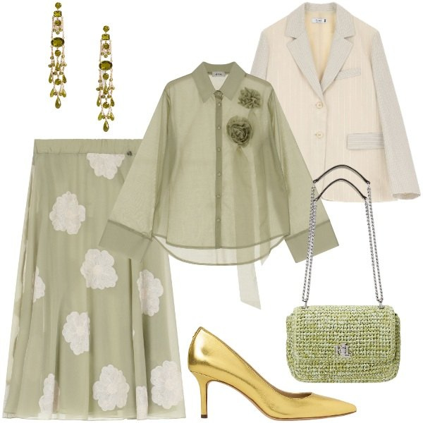 Outfit donna - Bantoa - Cerimonia con stile. Stile Romantica per Cerimonia. Abbinamento con blazer, camicie, gonne longuette, décolleté, borse a spalla, orecchini.