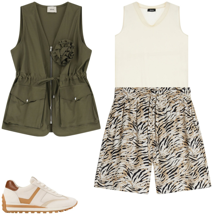 Outfit donna - Giungla cittadina. Stile Casual chic per Tutti i giorni. Abbinamento con bermuda, top, gilet, sneakers.
