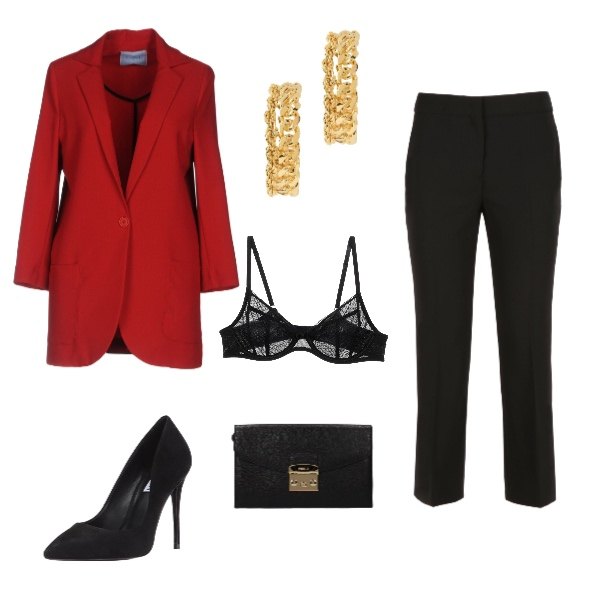 Outfit donna - Chic #17704. Stile Chic per Serata fuori. Abbinamento con giacca, reggiseno, orecchini con farfallina in ottone fatto a mano, pochette con logo frontale nero, pantalone capri vita alta con zip in tessuto tecnico blu, stivali e anfibi nero.