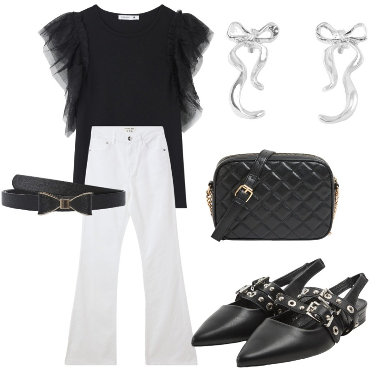 Outfit donna - Collezione Terranova. Stile Casual chic per Serata fuori. Abbinamento con t-shirt, jeans a zampa, orecchini, sabot, borse a tracolla, cinture.