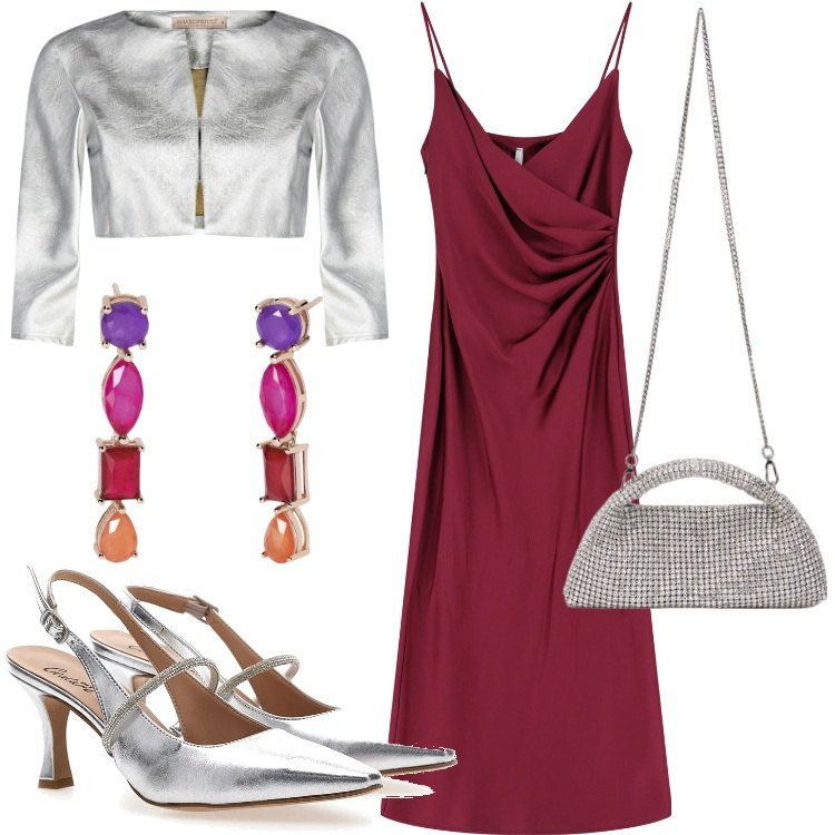 Outfit donna - Una serata speciale. Stile Glamour per Serata fuori. Abbinamento con orecchini, bolero, vestiti midi/longuette, décolleté, clutch.