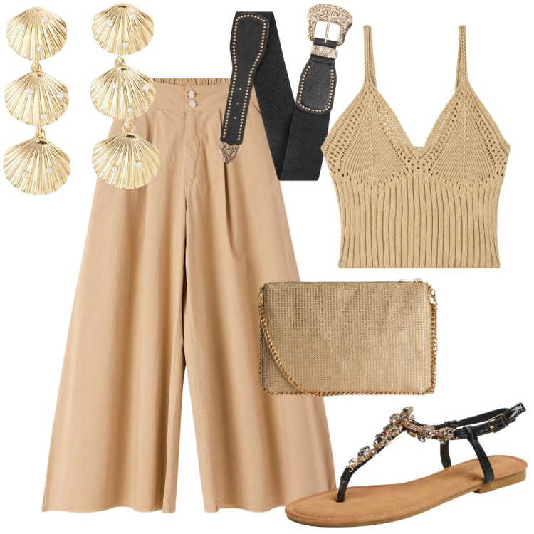 Outfit donna - Serata estiva. Stile Casual chic per Serata fuori. Abbinamento con orecchini, borse a tracolla, top, pantaloni, sandali gioiello, cinture.