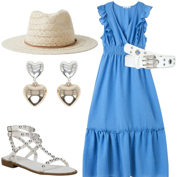 Outfit donna - Outfit Terranova. Stile Casual chic per Tutti i giorni. Abbinamento con vestiti lunghi, cinture, cappelli, orecchini, sandali.