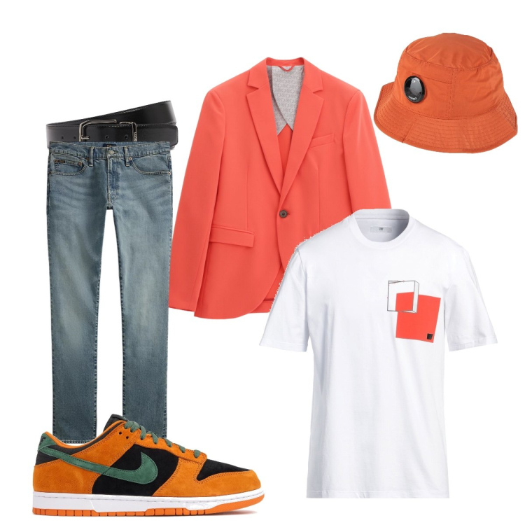 Outfit uomo - L’arancione… un colore caldo. Stile Trendy per Tutti i giorni. Abbinamento con cappelli, t-shirt, giacche, jeans, sneakers, cinture.