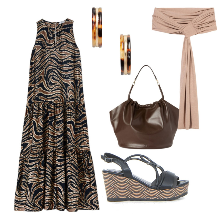 Outfit donna - Sotto la galleria. per Tutti i giorni. Abbinamento con orecchini, sandali in pelle, borse a secchiello, scialli, vestiti lunghi.