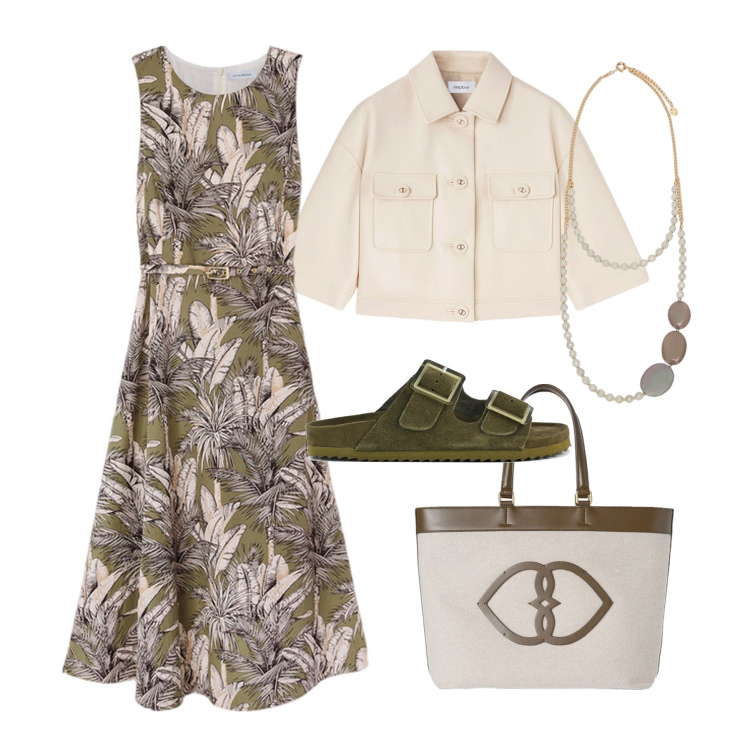 Outfit donna - Jungle city - @pamela. Stile Trendy per Tutti i giorni. Abbinamento con sandali, vestiti senza maniche, blazer, collane, shopping bag.