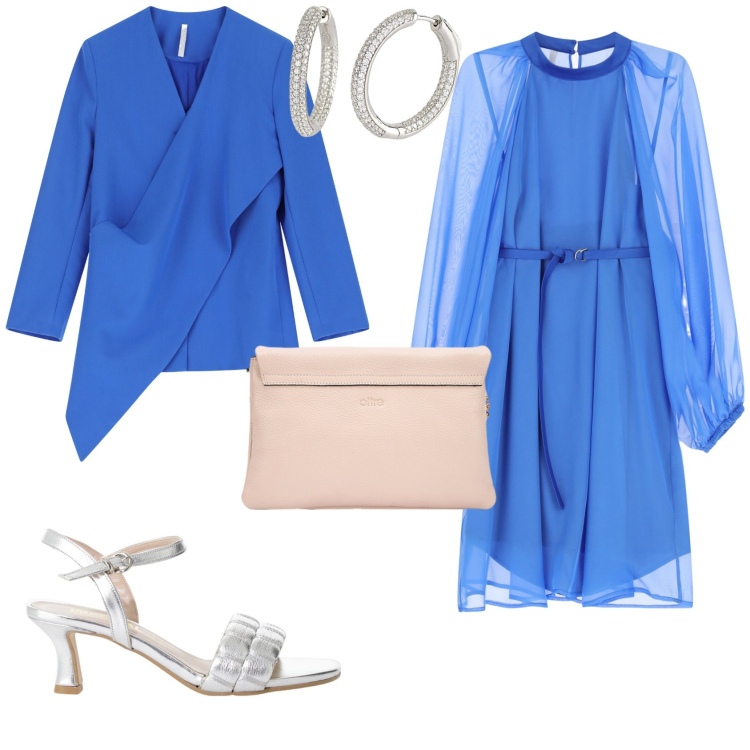 Outfit donna - Evento speciale. Stile Chic per Tutti i giorni. Abbinamento con orecchini, sandali col tacco, vestiti corti, blazer, borse a tracolla.