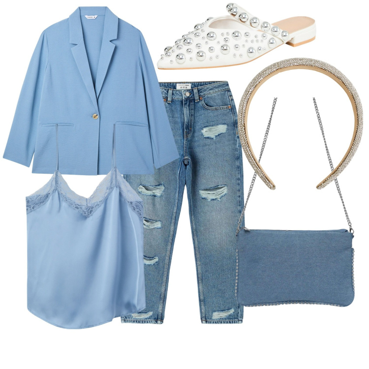 Outfit donna - Azzurrina. Stile Glamour per Tutti i giorni. Abbinamento con jeans mom, ballerine, borse a tracolla, blazer, cerchietti, top.