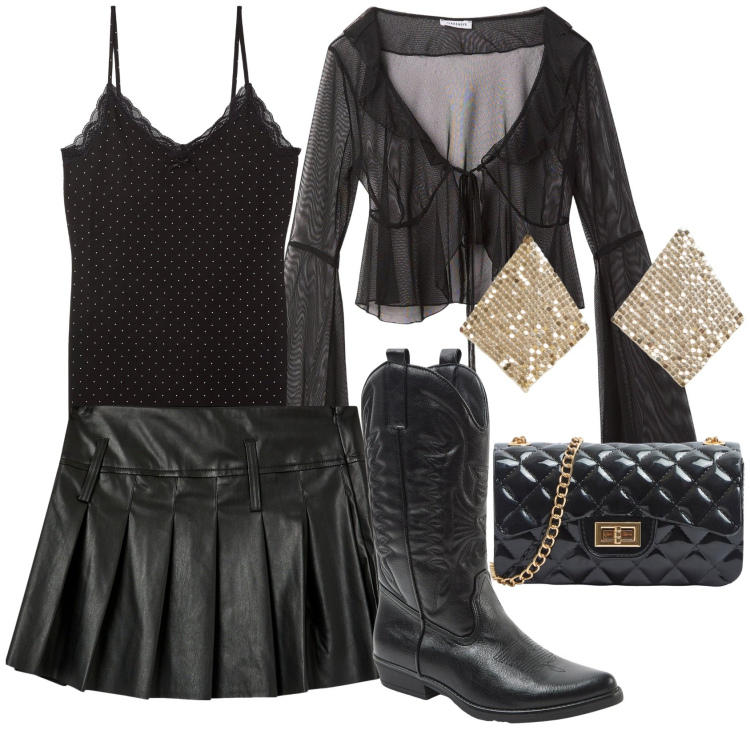 Outfit donna - Un po\' rock. Stile Glamour per Serata fuori. Abbinamento con borse a tracolla, top, bolero, orecchini, stivali, minigonne.