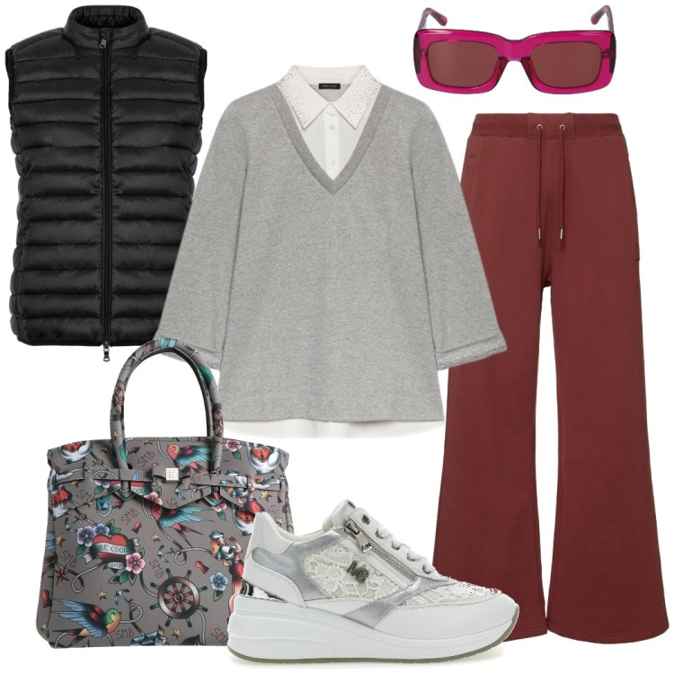 Outfit donna - La comodità prima di tutto. Stile Sporty chic per Tutti i giorni. Abbinamento con borse a mano, piumini, scarpe stringate, felpe, occhiali da sole, pantaloni.