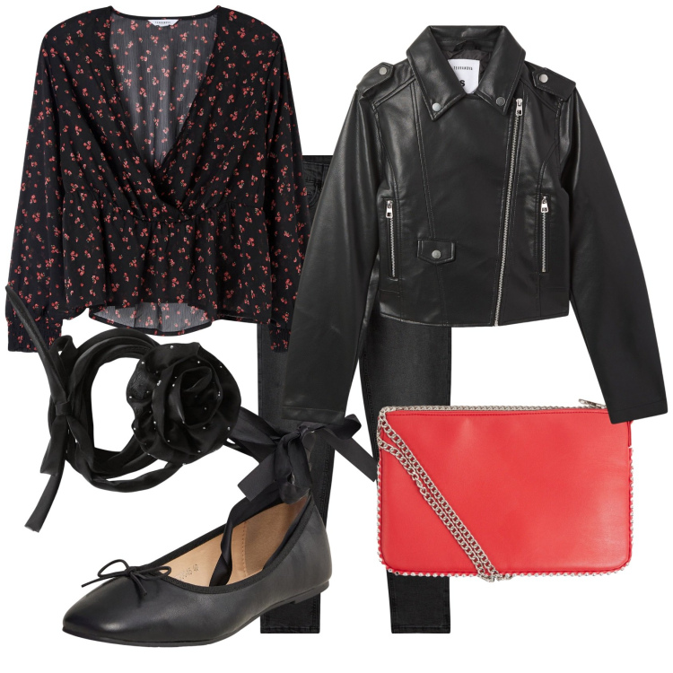 Outfit donna - Di venerdì. Stile Glamour per Serata fuori. Abbinamento con bluse, jeans skinny, borse a tracolla, giacche, collane, ballerine.
