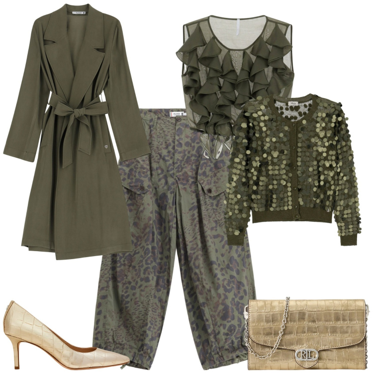 Outfit donna - Serata evento glamour. Stile Glamour per Serata fuori. Abbinamento con pantaloni cargo, trench, top, cardigans, décolleté, borse a tracolla.