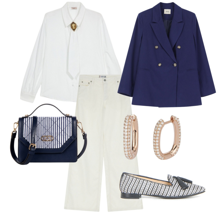 Outfit donna - Per tutti i giorni. per Tutti i giorni. Abbinamento con orecchini, borse a mano, pantaloni a palazzo, blazer, camicie, mocassini.