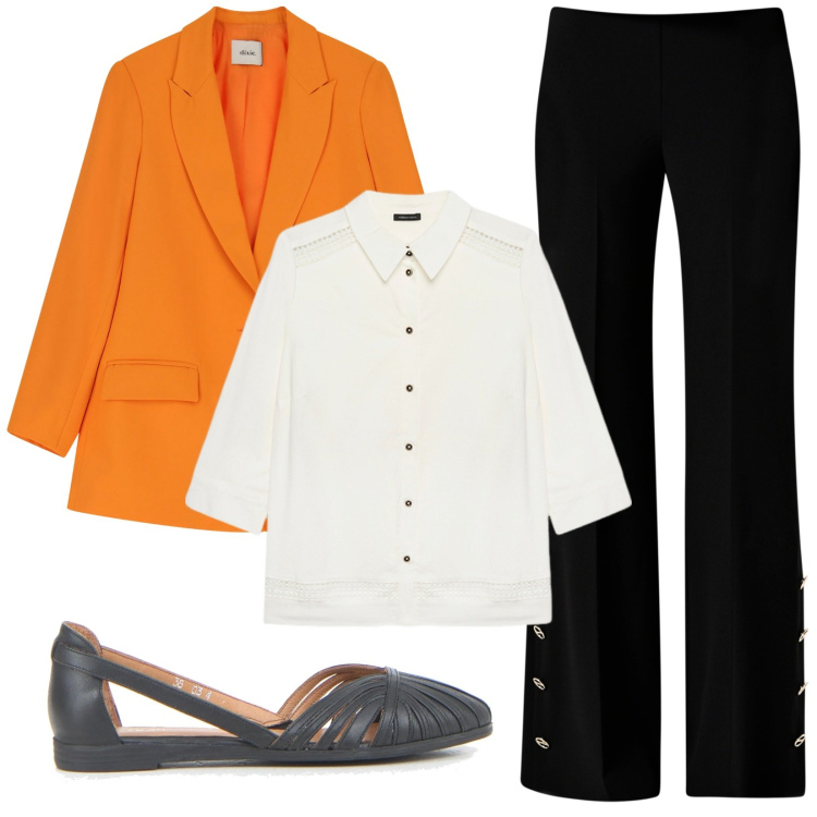 Outfit donna - Blazer over. Stile Casual per Tutti i giorni. Abbinamento con blazer, pantaloni a palazzo, ballerine, camicie.