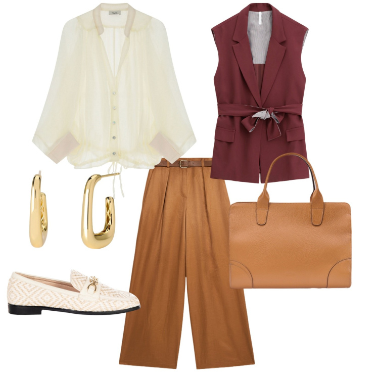 Outfit donna - A lavoro. per Scuola/Università. Abbinamento con orecchini, mocassini, gilet, camicie, borse tote, pantaloni a palazzo.