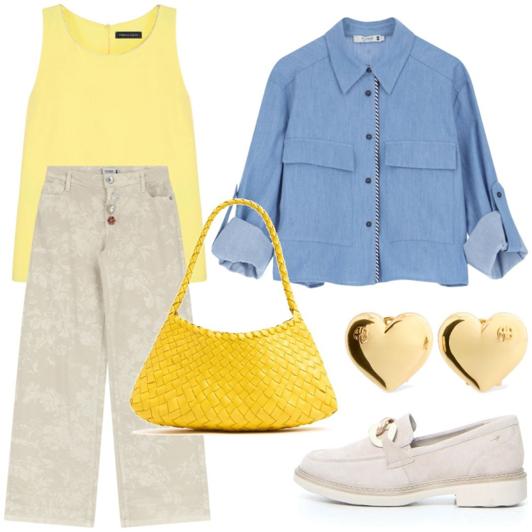 Outfit donna - Giallo zafferano protagonista. Stile Casual chic per Tutti i giorni. Abbinamento con pantaloni, camicie, top, mocassini, borse a spalla, orecchini.