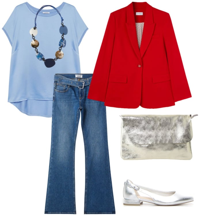 Outfit donna - Cielo e argento. per Tutti i giorni. Abbinamento con jeans a zampa, borse a tracolla, blazer, bluse, ballerine, collane.