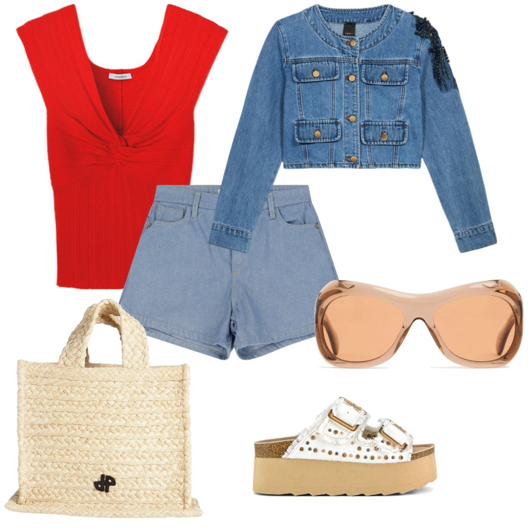 Outfit donna - Lungo mare. per Mare. Abbinamento con borse a mano, shorts, sandali, t-shirt, occhiali da sole, blazer.