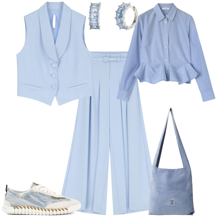 Outfit donna - Total look #2127864. Stile Sporty chic per Tutti i giorni. Abbinamento con orecchini, pantaloni, gilet, borse a tracolla, sneakers, camicie.