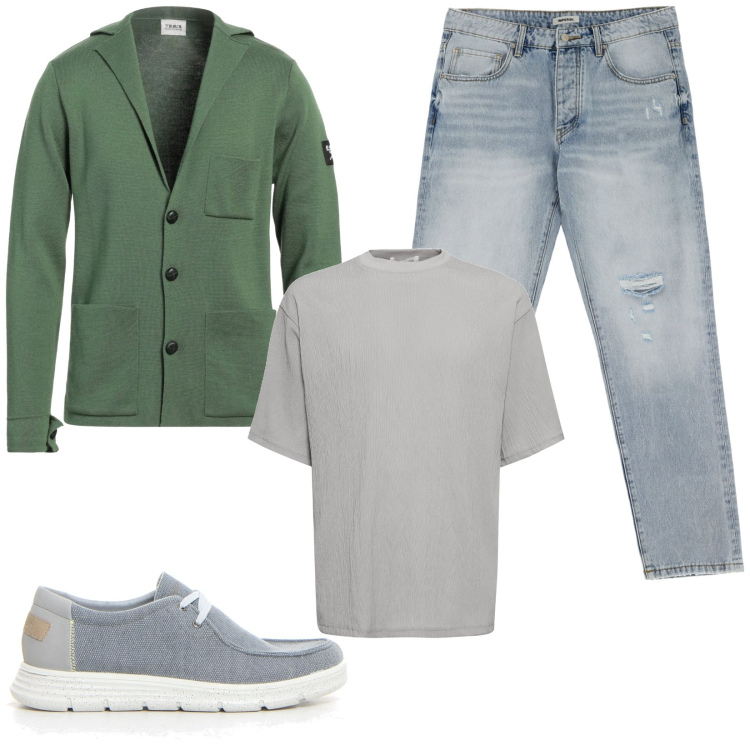 Outfit uomo - Giacca leggera protagonista. Stile Casual per Tutti i giorni. Abbinamento con giacche, jeans strappati, scarpe stringate, t-shirt.