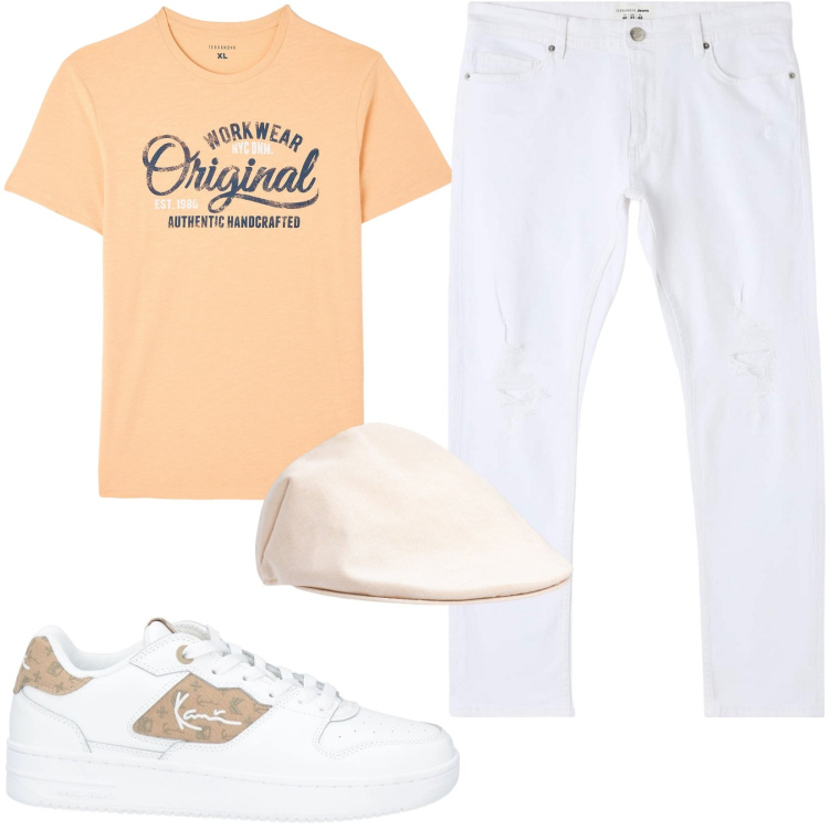 Outfit uomo - Colori vitaminici. Stile Casual per Tutti i giorni. Abbinamento con sneakers, jeans strappati, t-shirt, cappelli e berretti.